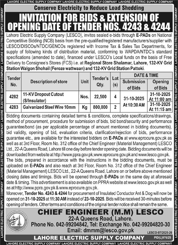 LESCO Lahore Tender Notice